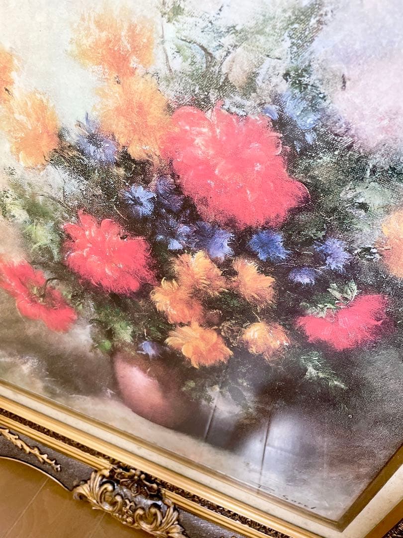 フランス　アンティーク　ピエール・ソレル　花　花瓶　油絵　額縁　絵画　名画