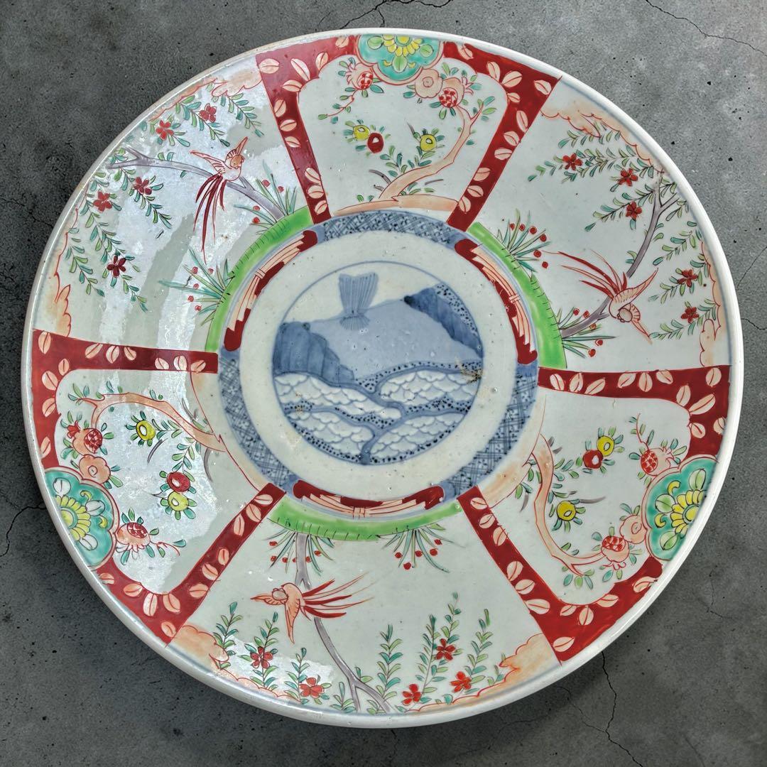 41.5cm 超特大 古伊万里 赤絵 骨董 飾り皿 伊万里焼（大型・送料込)