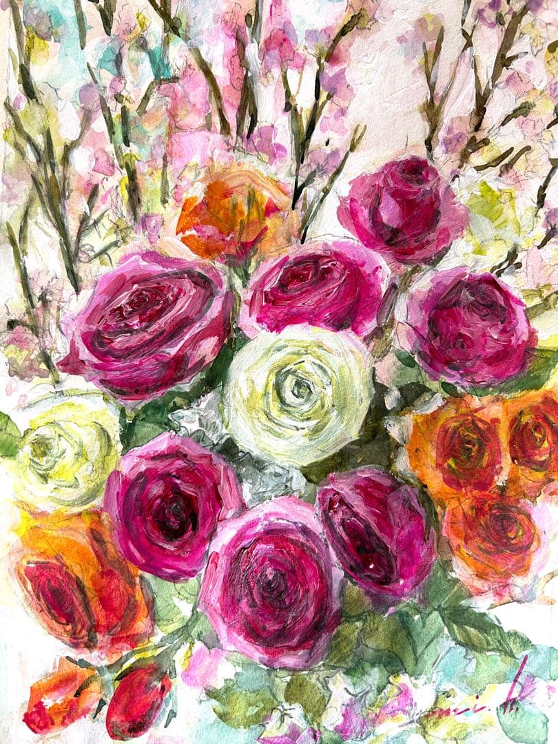 春と薔薇のロンド　水彩画　A4サイズ ホワイト額入り