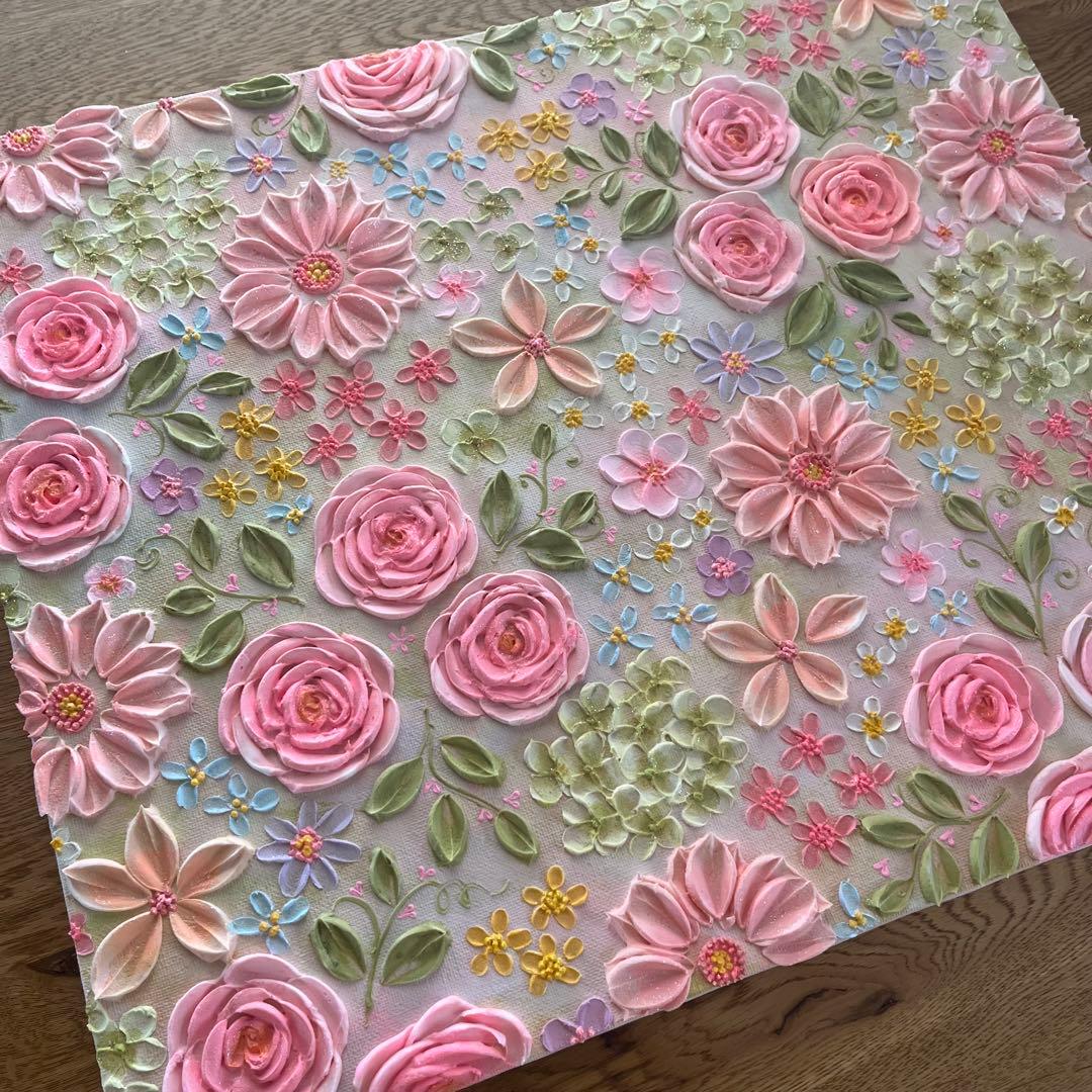原画　花柄　アクリル絵画 テクスチャーアート ピンク フラワー　ボタニカル