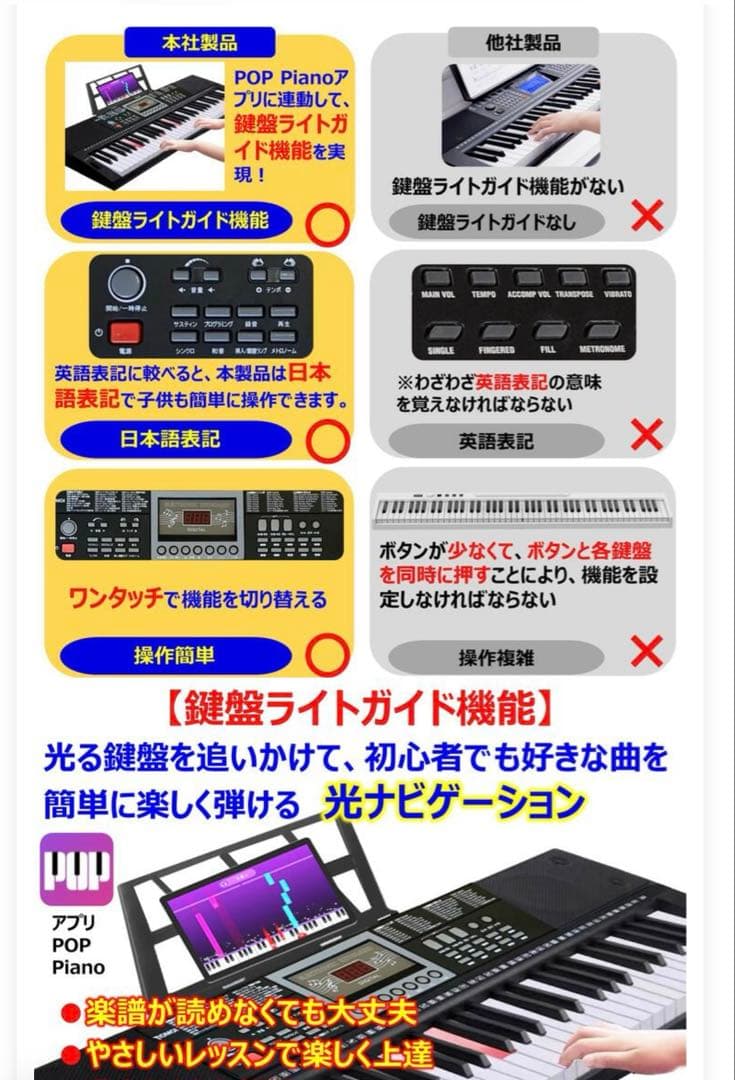 光る鍵盤付き電子ピアノ 黒