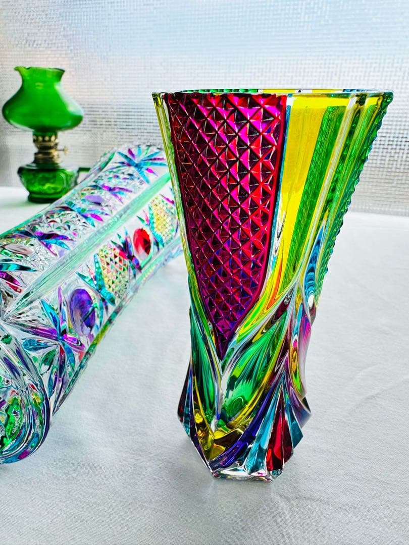 Vintage Cut Glass Vaseレトロ ガラス 花瓶 ステンドグラス