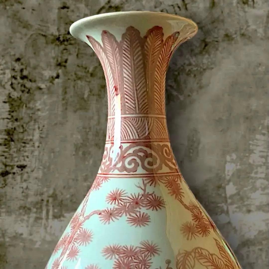 【中国古玩★極美品】釉裏紅 松竹梅文 玉壺春瓶 骨董 飾り壺 共箱 古美術