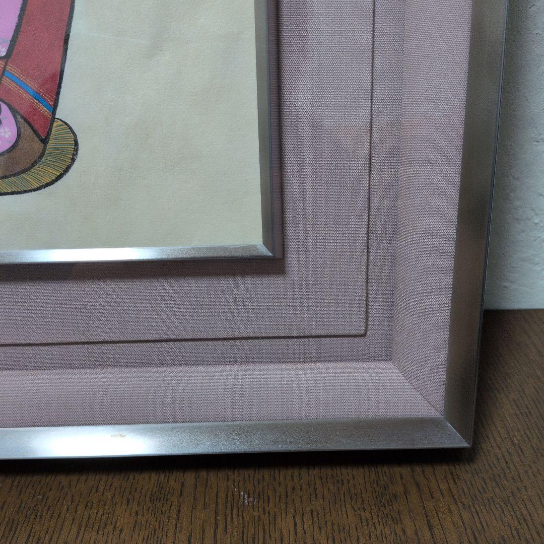 浮世絵　真作　布袋と美人　渓斎欣士　女流浮世絵画家　額絵　絵画