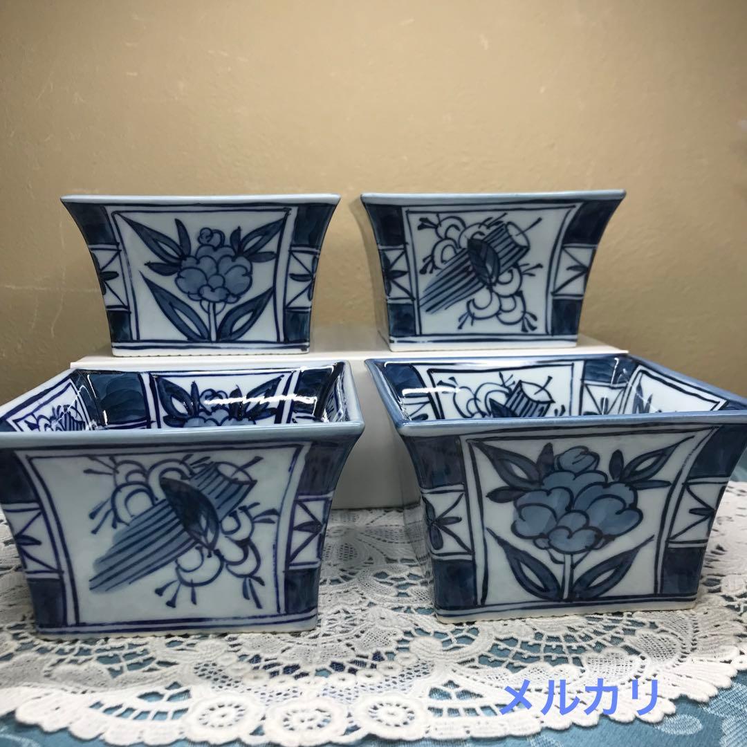 源右衛門窯　染付芙蓉手　角小鉢　4客