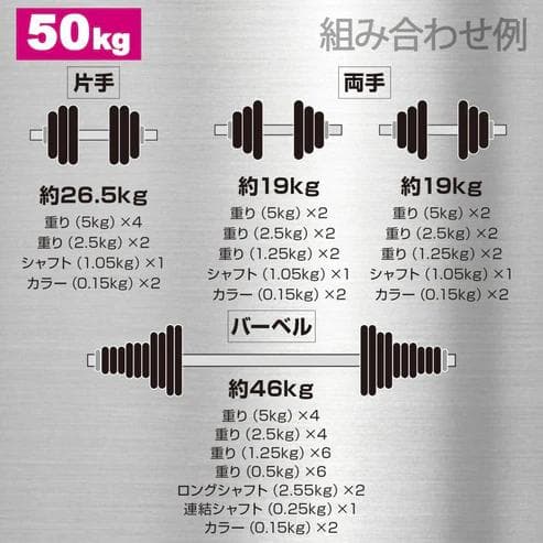 鋳鉄ダンベルセット 50kg 3WAY バーベル兼用 専用ケース付き（新品）