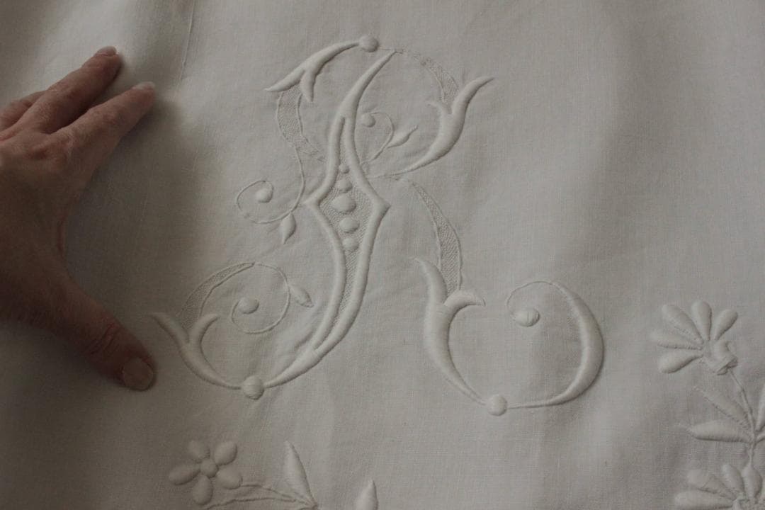 フランスアンティークイニシャルシーツ/モノグラム刺繍