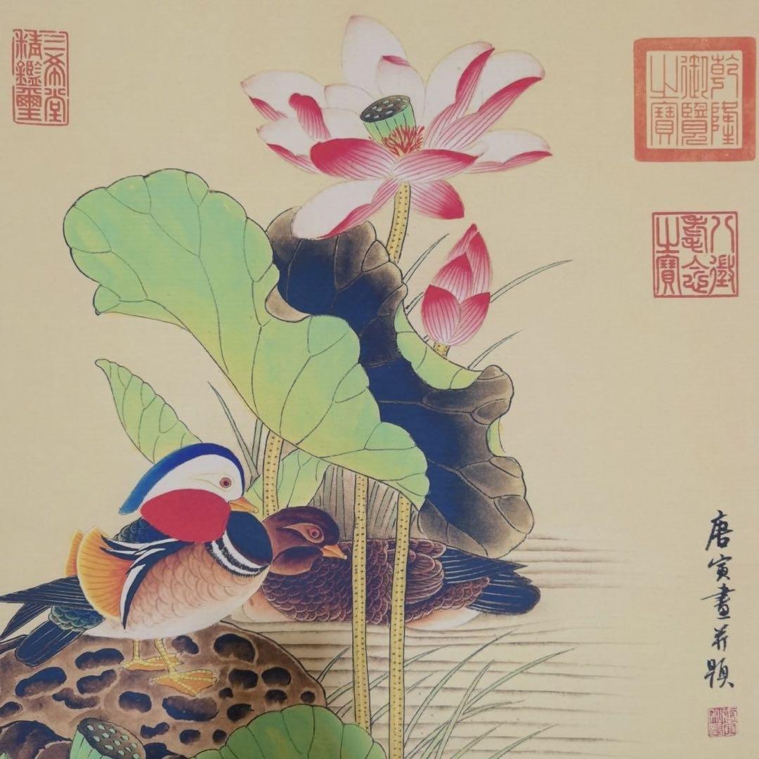 唐寅風「荷花鸳鸯図」中堂 掛軸｜証書付き｜中国花鳥画