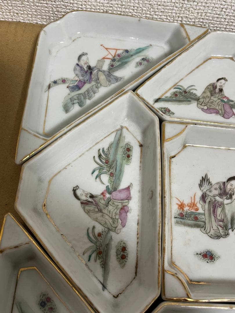 中国美術　清時代菱形皿金彩 粉彩 小皿 菓子皿 食器9点セット時代物