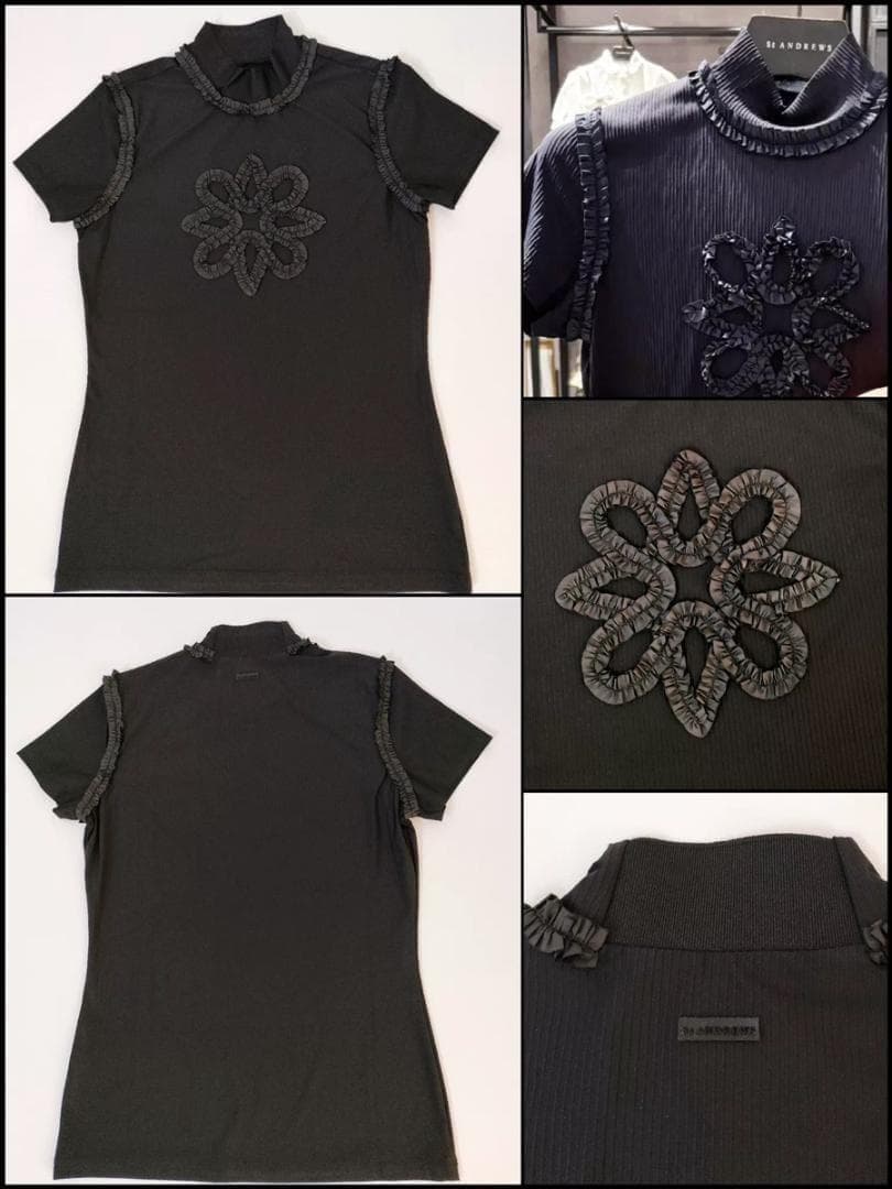 【新品】サウスケープゴルフウェア　ハイネック花モチーフM⚫︎トップス　半袖