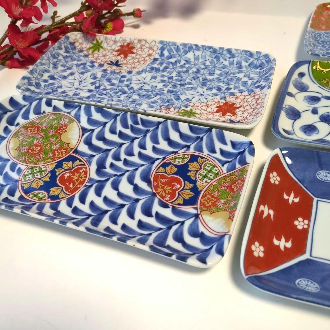 有田焼　清秀窯　献上錦　焼物皿　長角皿　絵変わり5枚揃