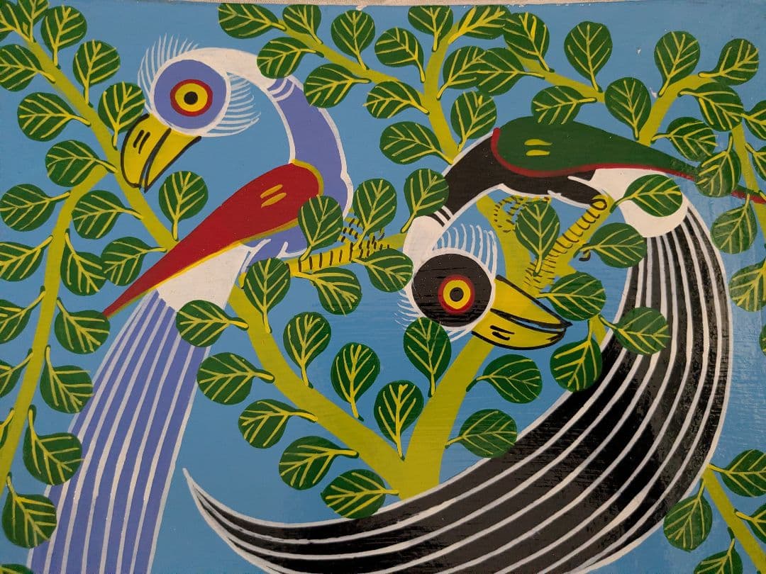 ●アフリカの絵画、ティンガティンガ、鳥と花ヒッポ、30×40cm