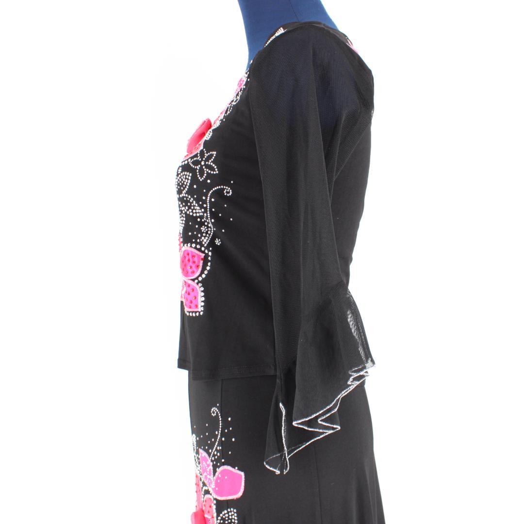 【美品 社交ダンス衣装】上下セット トップス スカート 黒 花柄 かわいい 上品