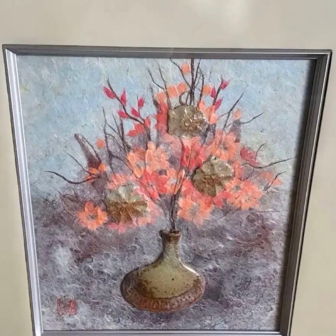 陶彩画　花と壺　焼き物の絵画　シルバーフレーム付き