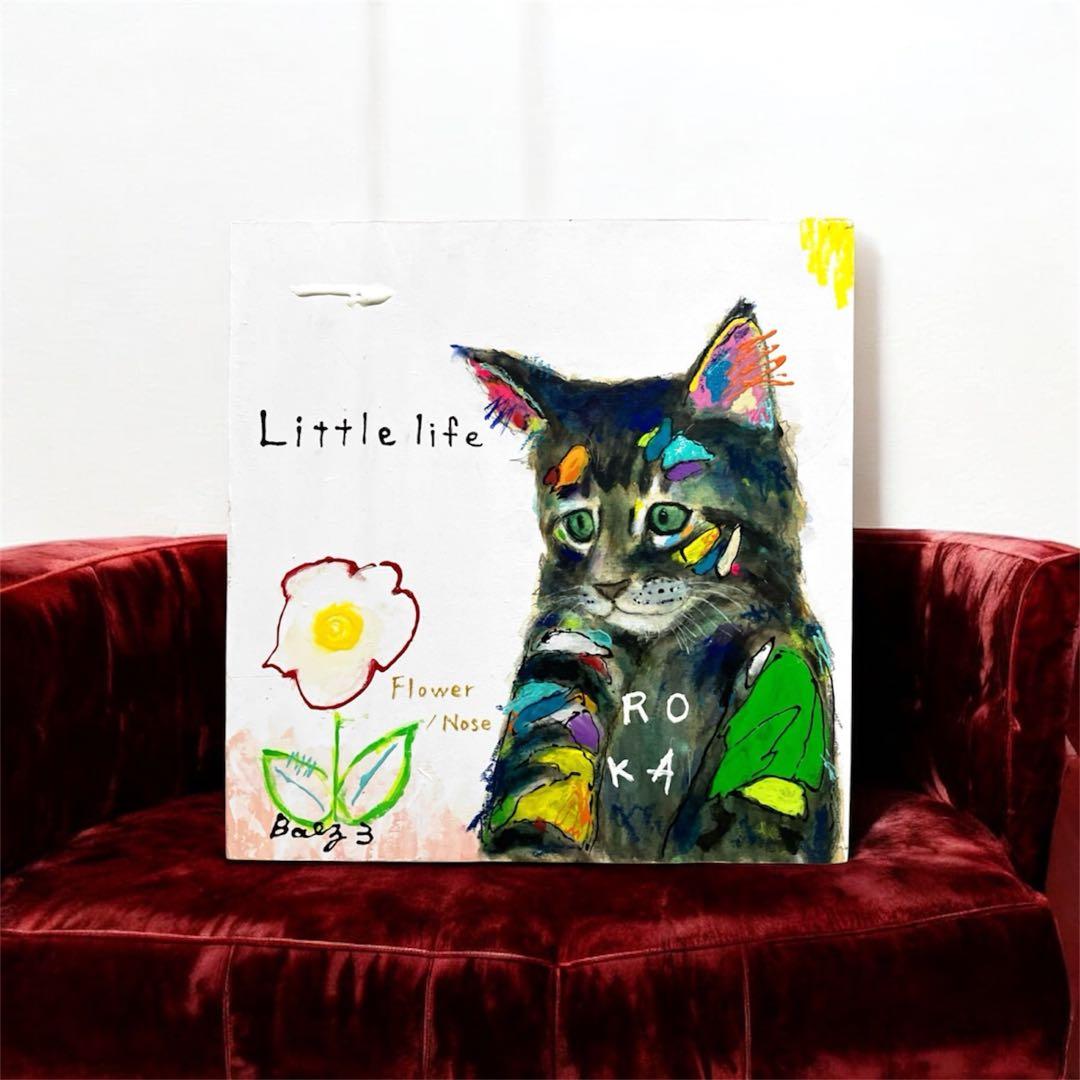 猫　絵画　アクリル画　花　メインクーン　木製パネル　BAEZ3