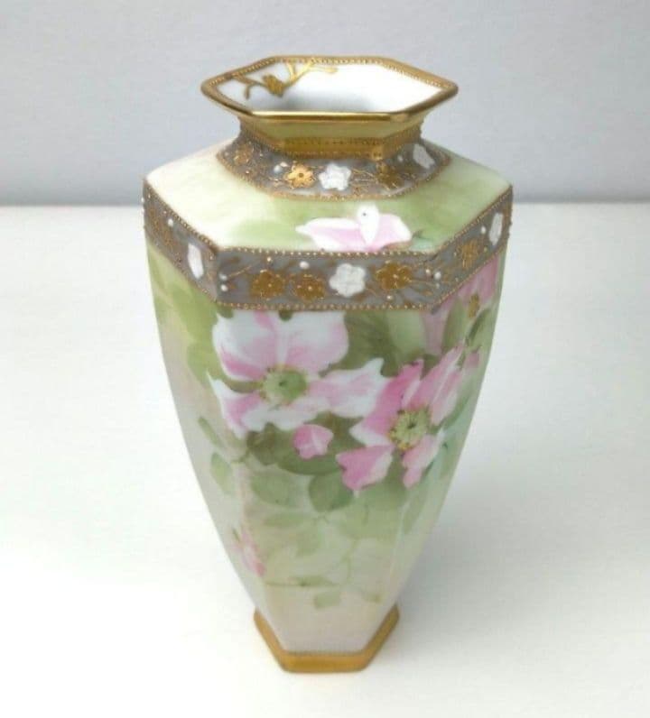 希少★美品★オールドノリタケ 金彩点盛り薔薇絵 花瓶