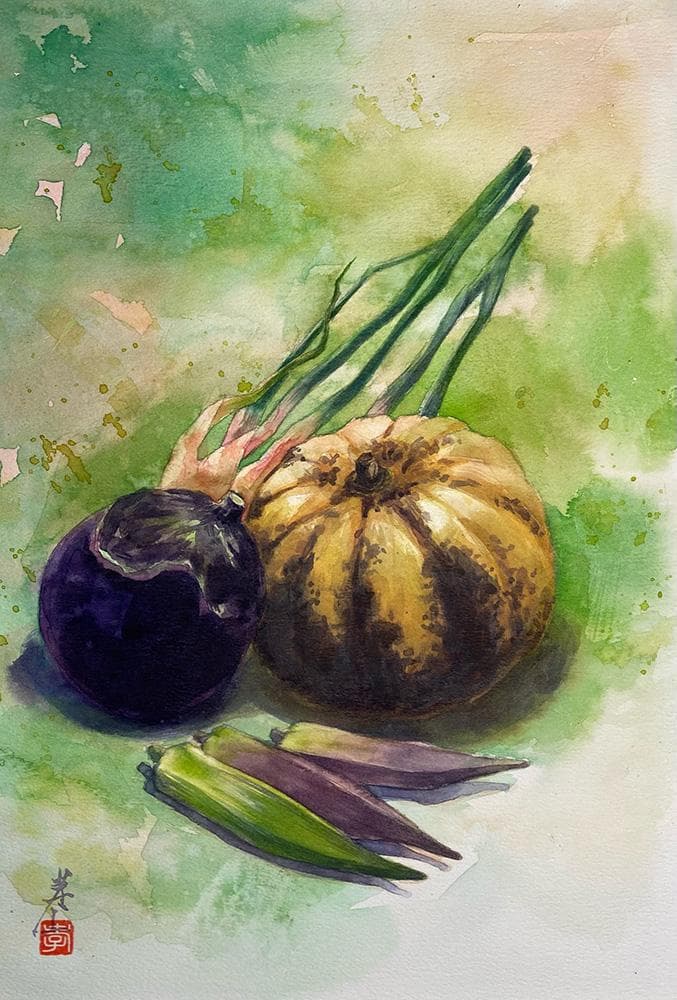 水彩アート「夏野菜　Ⅱ」1点物、手描き、真筆。