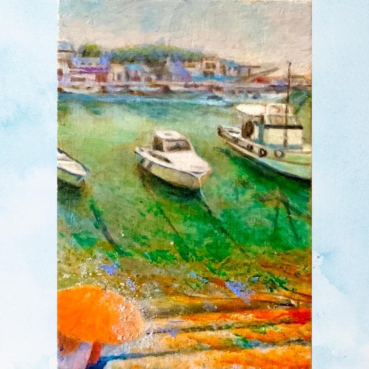 風景画「漁港でまどろむ」 油彩画 sm 木製フレーム付き　福山市鞆の浦