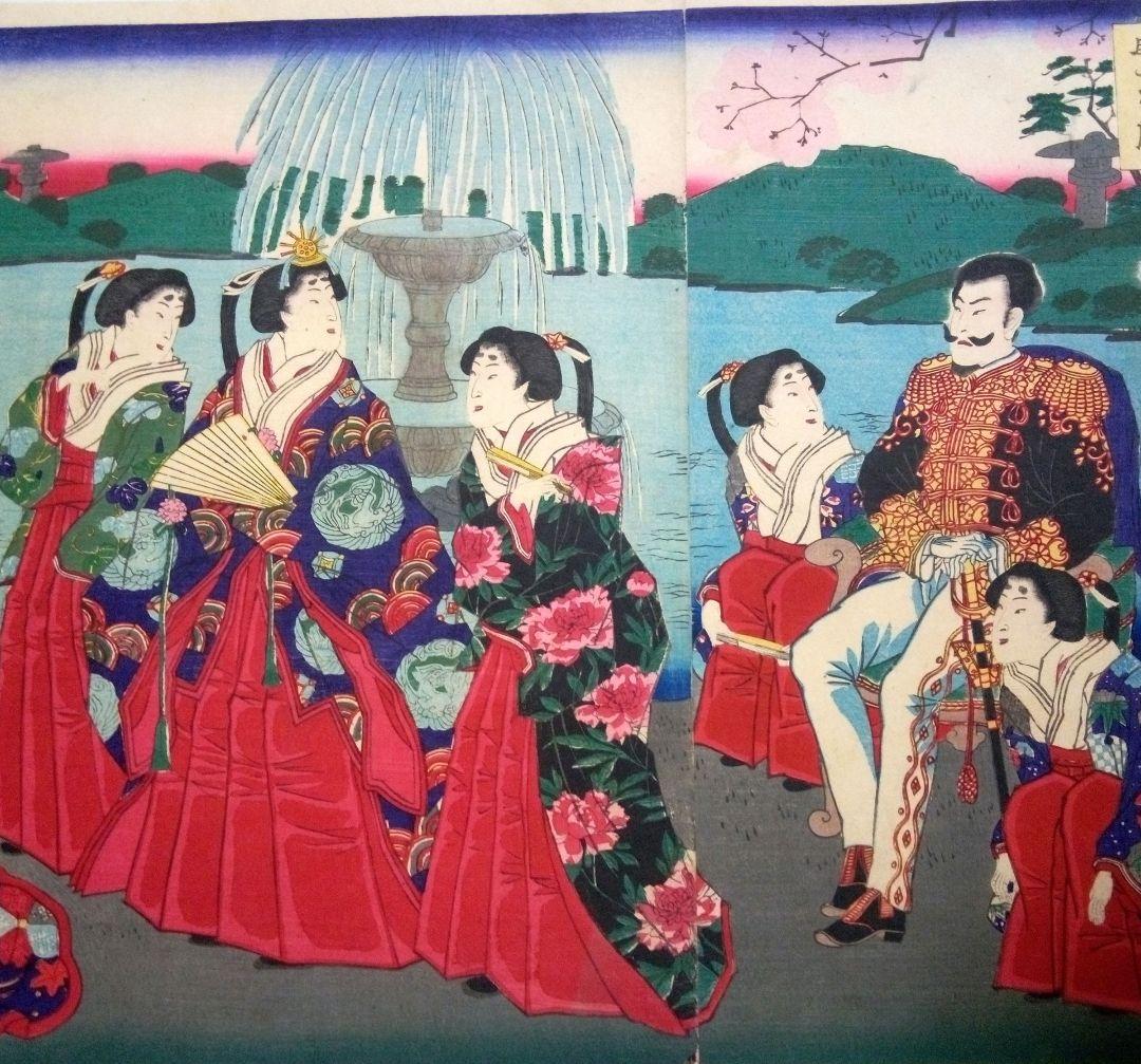 浮世絵、九段坂靖国神社御遊覧之圖三枚綴り繋がってます。歌川国明画、13年明治出版