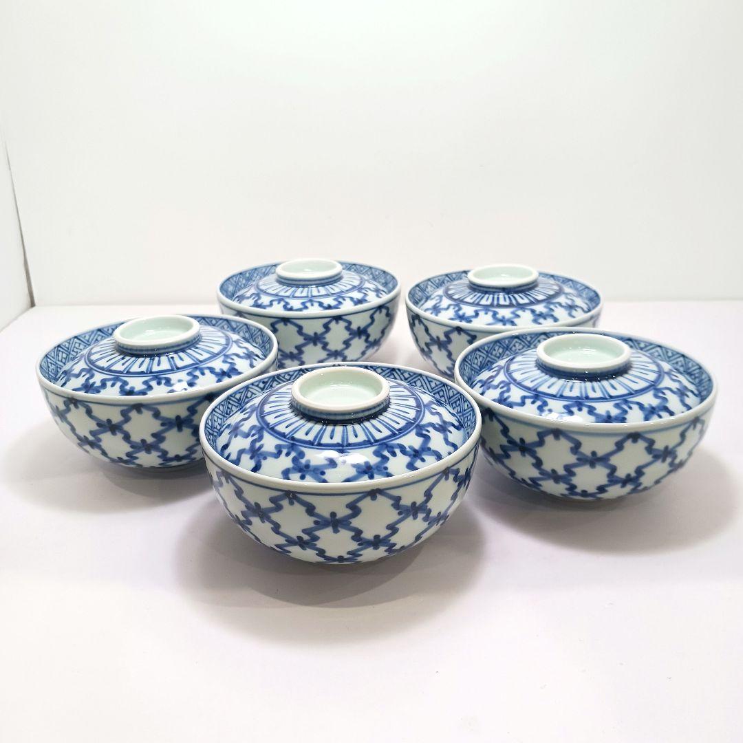 Y3311-2 伊万里 在銘 染付松皮菱繋文 飯碗 5客セット 共箱