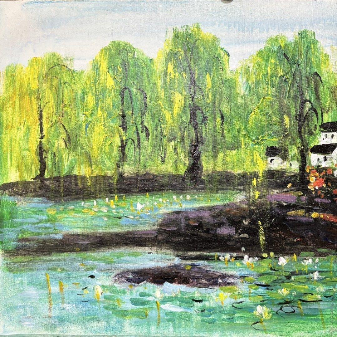 手描き 水彩・油彩画 林風眠 作品図 風景画 キャンバス 約70×100cm