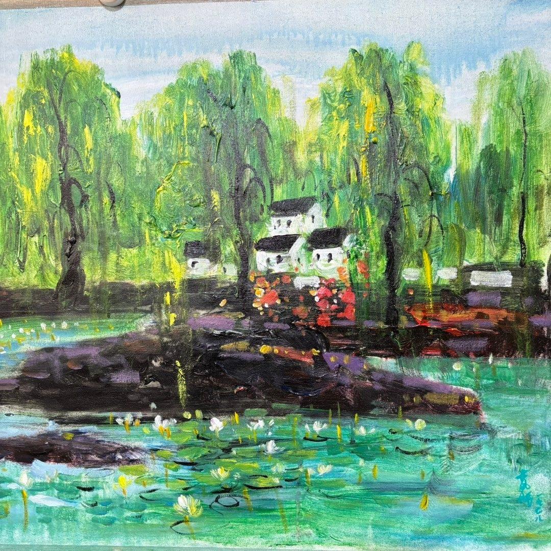 手描き 水彩・油彩画 林風眠 作品図 風景画 キャンバス 約70×100cm