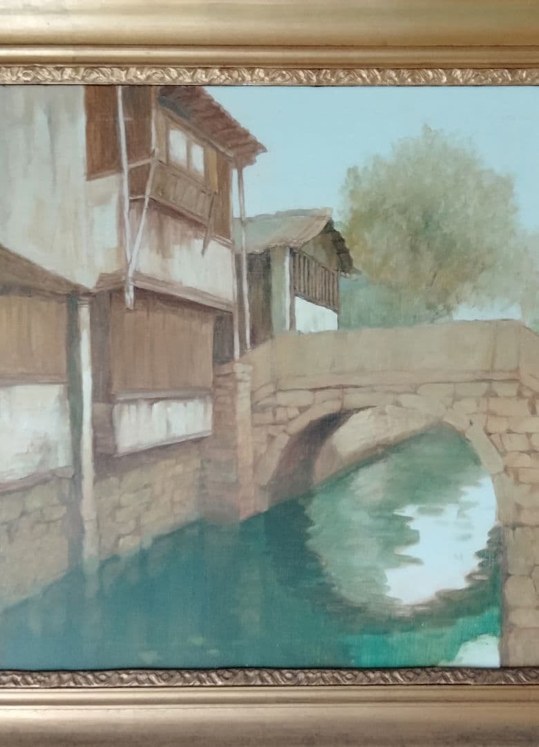 中国骨董　旧家蔵、油絵名作【中国紹興水郷風景】高級額縁入り