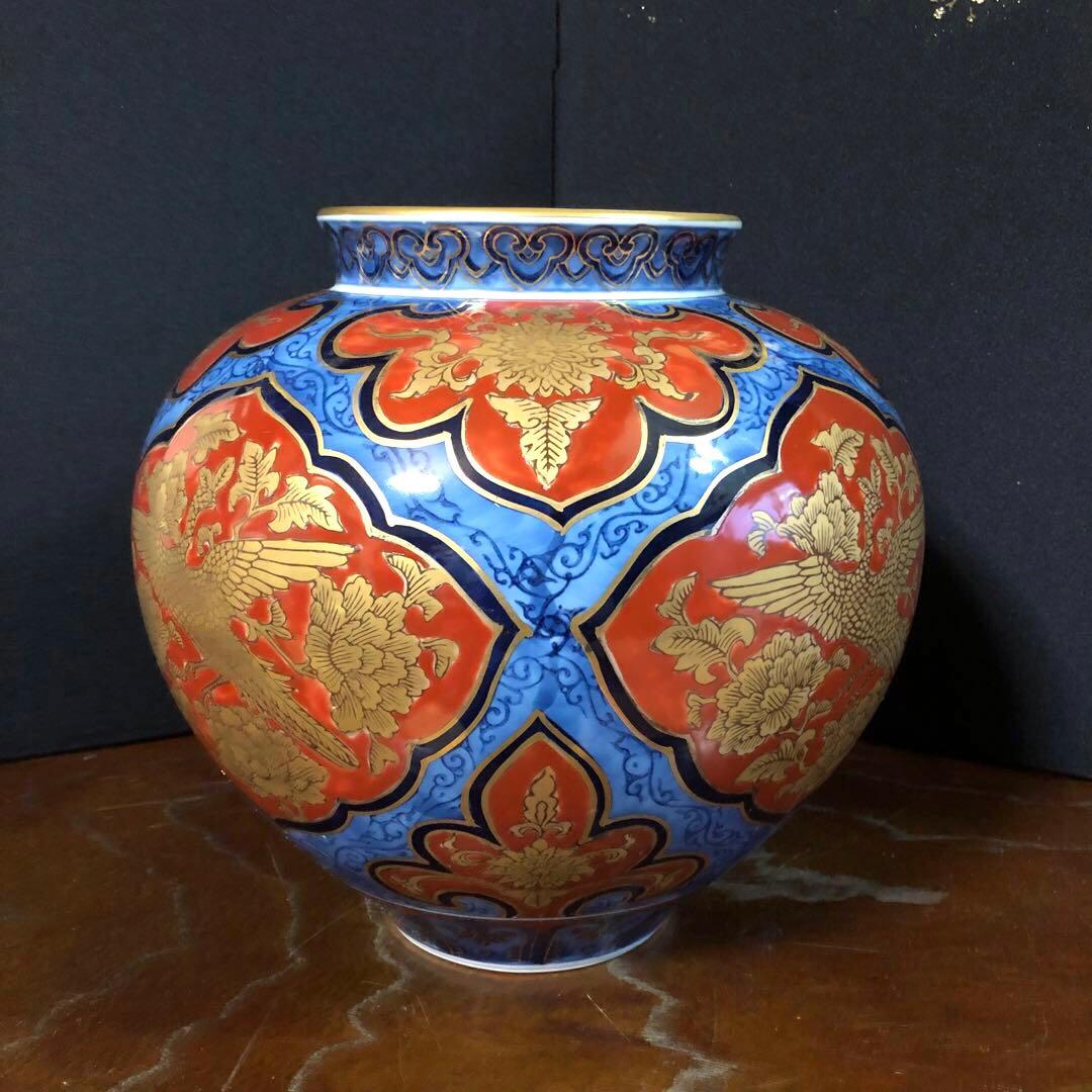 有田焼　花瓶　大　勝山　赤絵描金花鳥柄　共箱