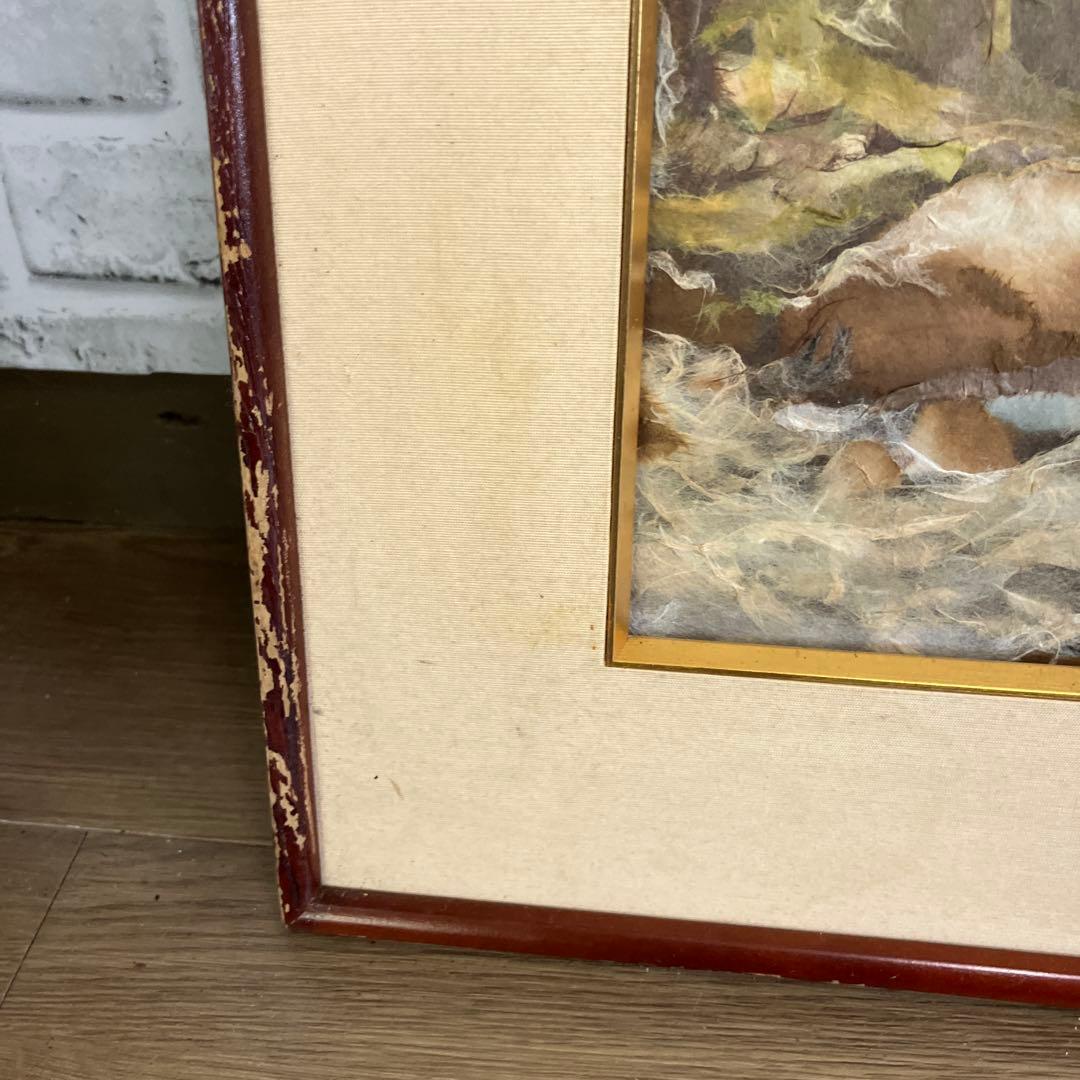 和紙ちぎり絵 風景画 渓流 川 額縁入り 壁掛け インテリア アート 古美術品