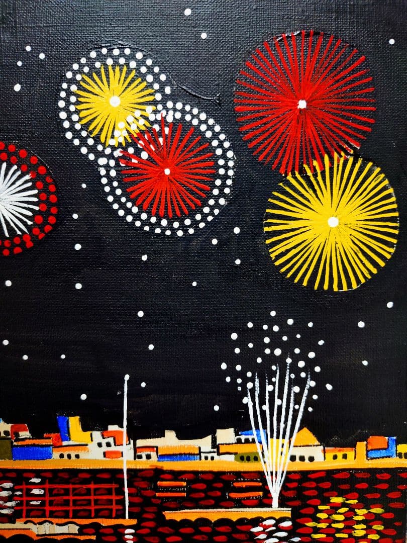 【F6号】山下清【両国の花火】手描き/表裏サイン・共シール有り/油彩/油絵/額縁
