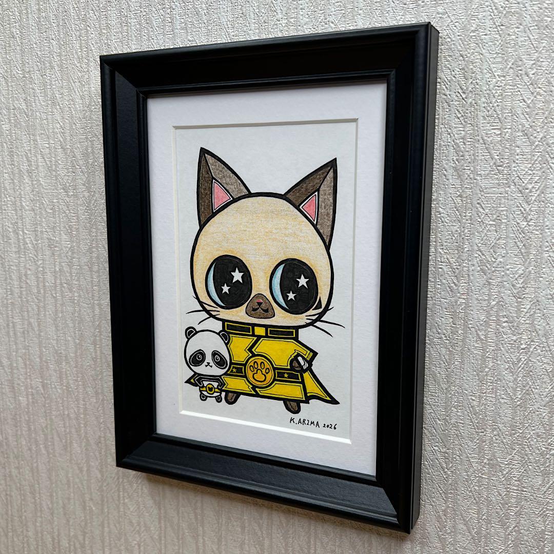 動物 原画 絵 手描き 癒し 猫 アート 一点物 額縁付『イエロー』