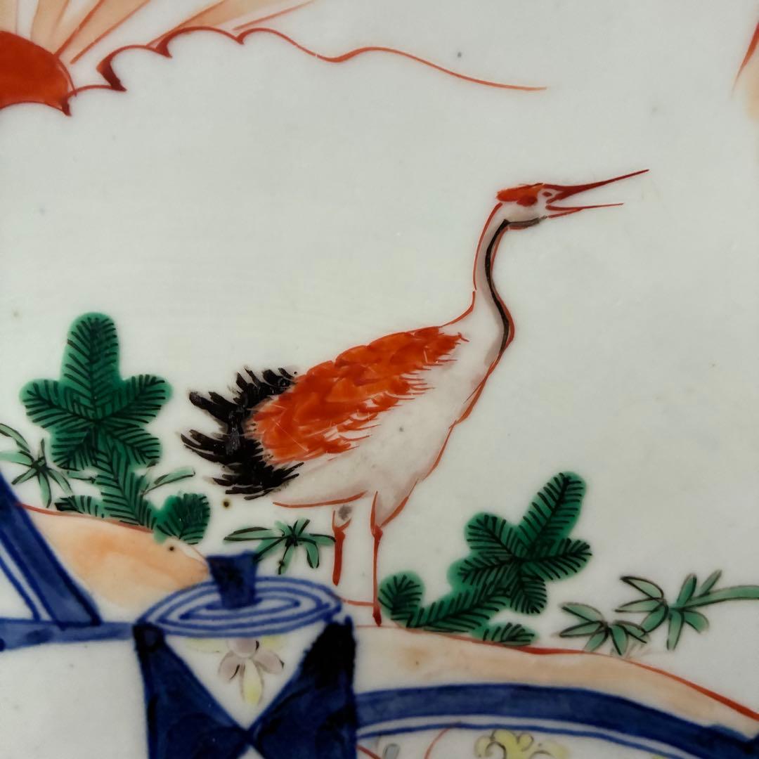 色絵 古い大皿 約37cm 飾皿　縁起窓絵　金継ぎ用　骨董　インテリア　置物