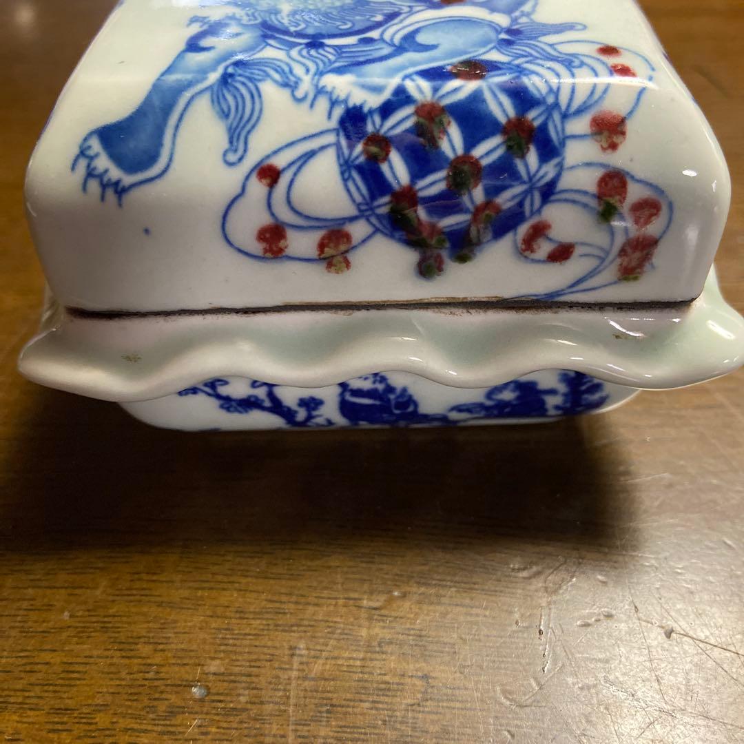 青　骨董　陶磁器蓋付き容器　蓋物　香合