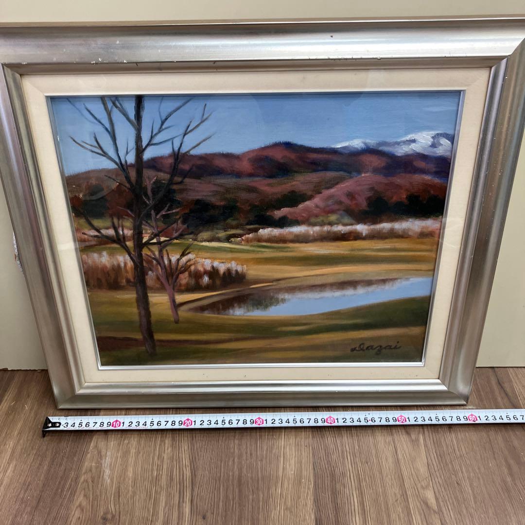 油彩画 風景画 サイン有 額縁入り 雪山 湖畔 冬の景色 自然 昭和レトロ
