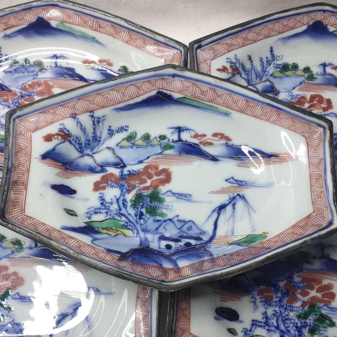 九谷焼六角皿 明治骨董 色絵 染付山水図 手描き陶芸品