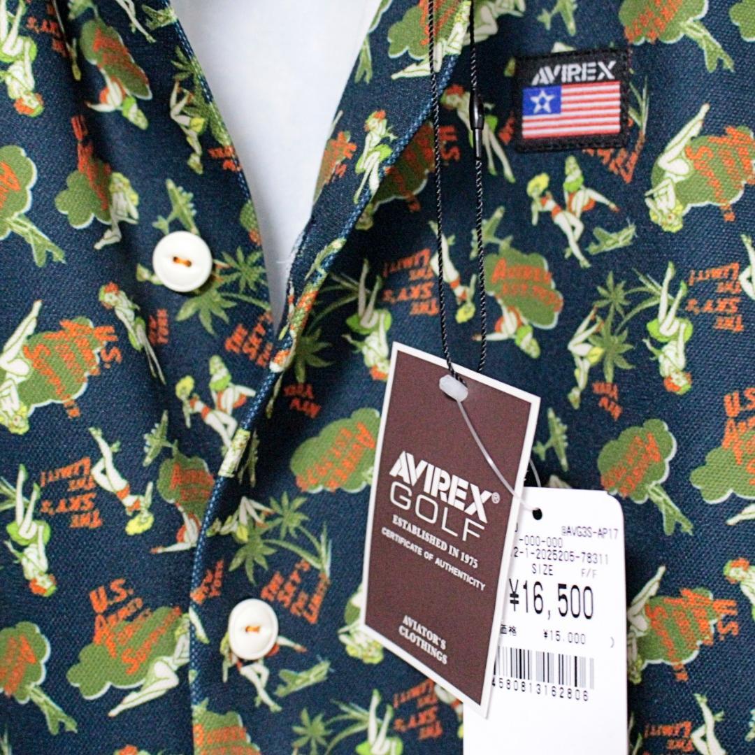 新品 アヴィレックス ゴルフ サマーガール総柄 ストレッチ アロハシャツ L 紺