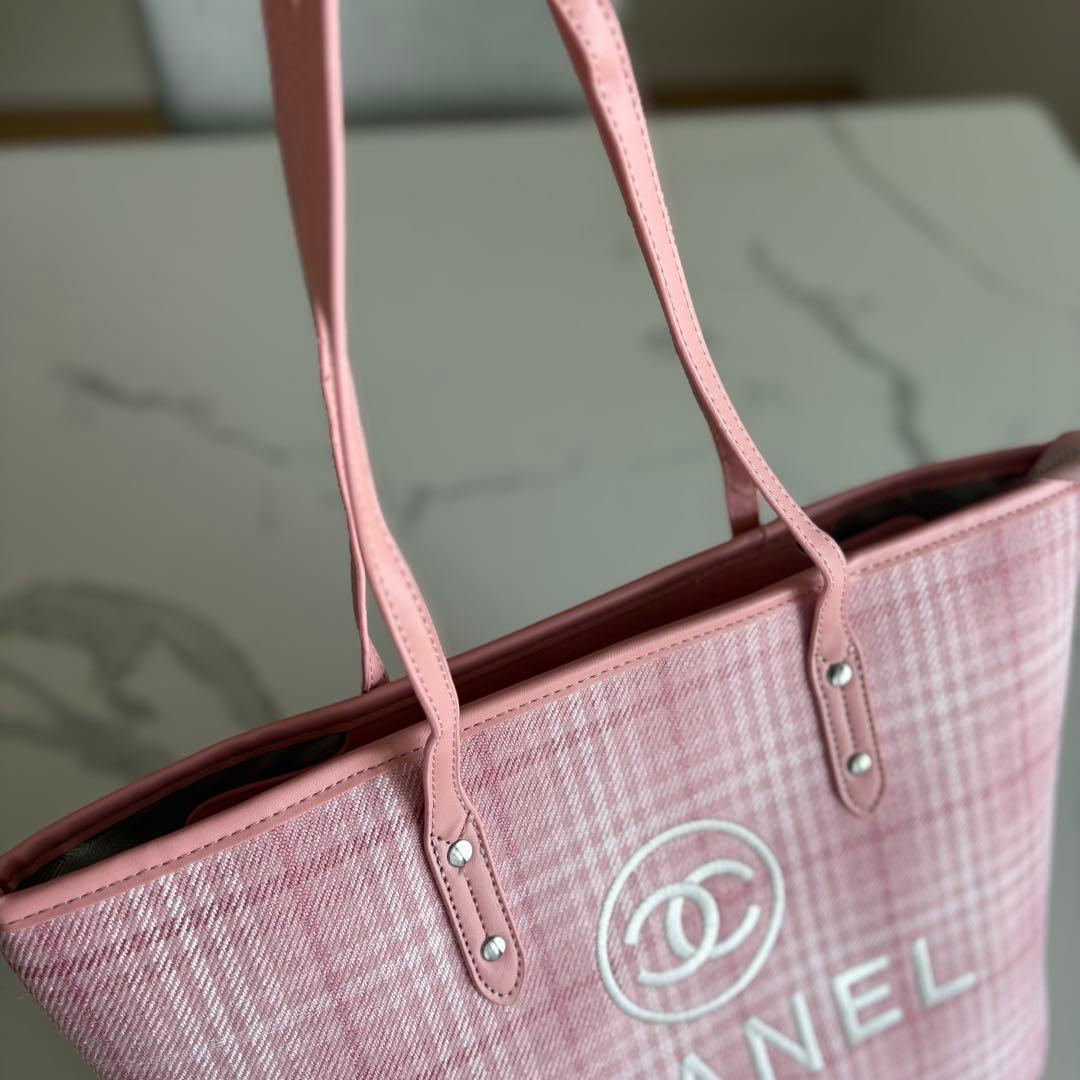CHANEL ノベルティ トートバッグ ピンク キャンバス生地 チェック柄