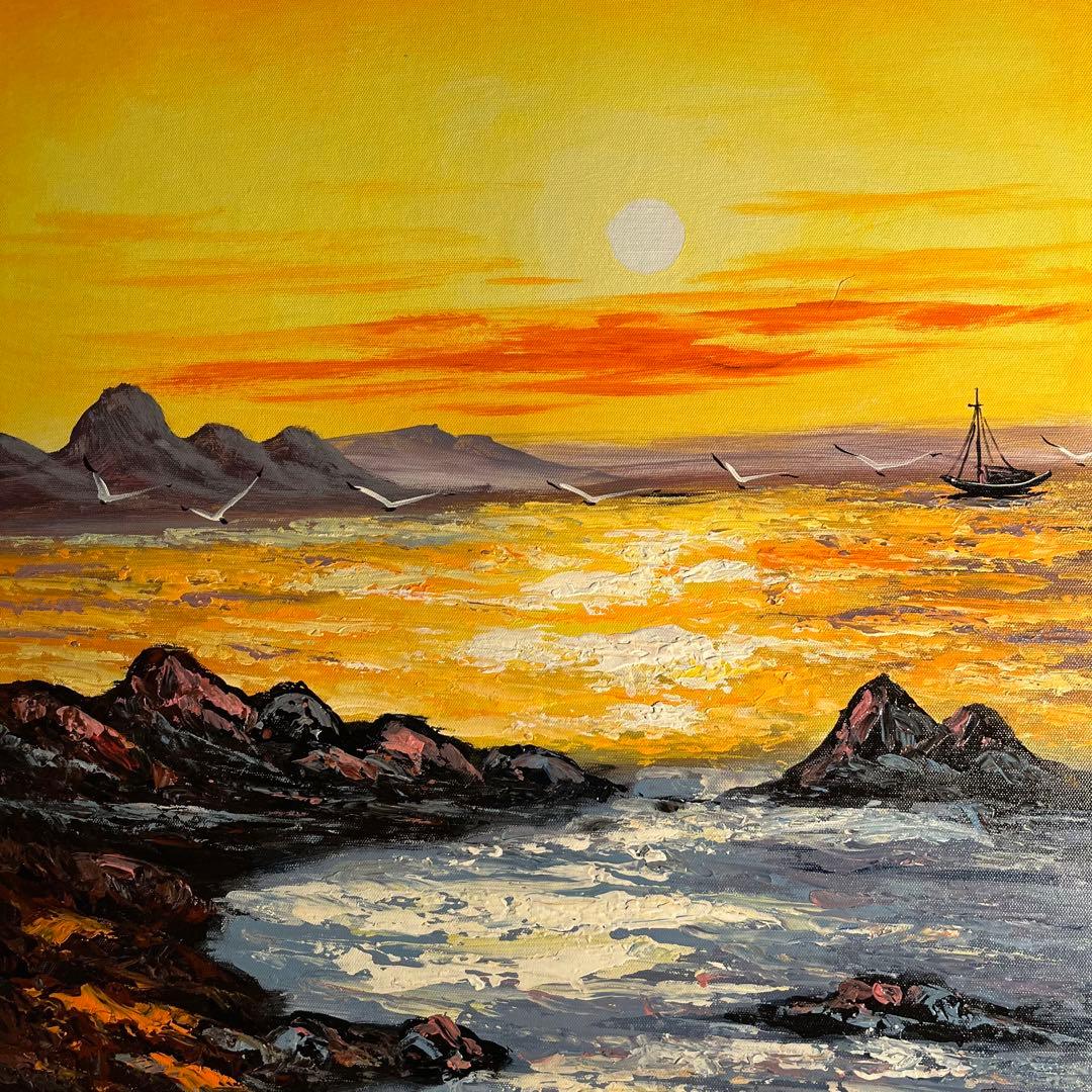 手書き油絵 sun rise 日の出 額付き インテリア 油彩画