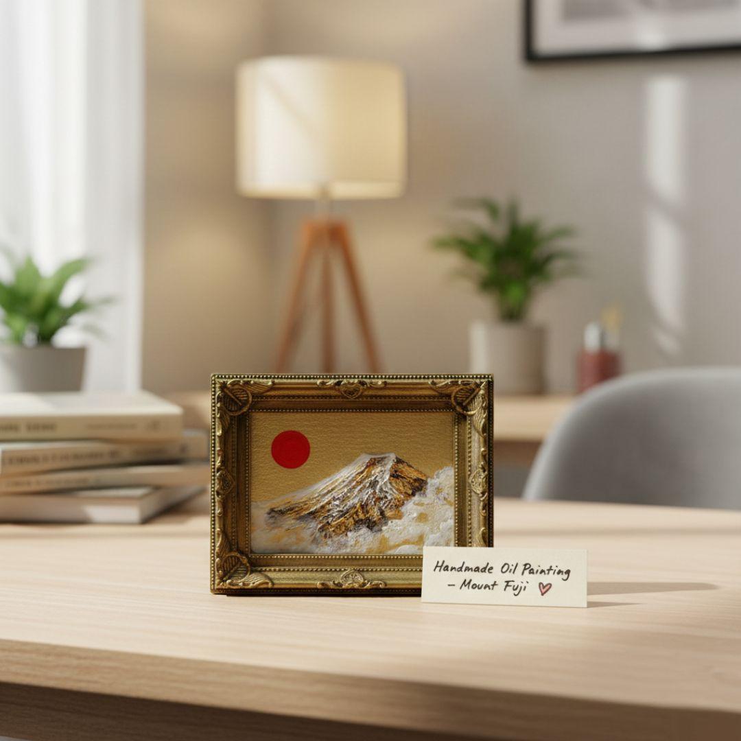 油絵 ミニ絵画【黄金富士】額縁・ラッピング付 開運 富士山 原画 風水