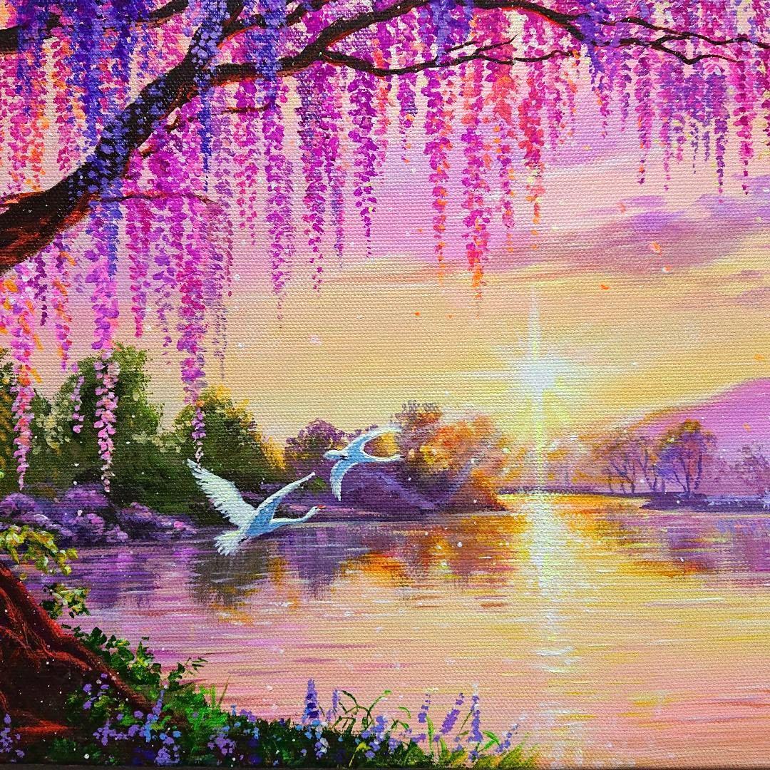 【夕映えの藤】アクリル画 F3 風景画 絵画