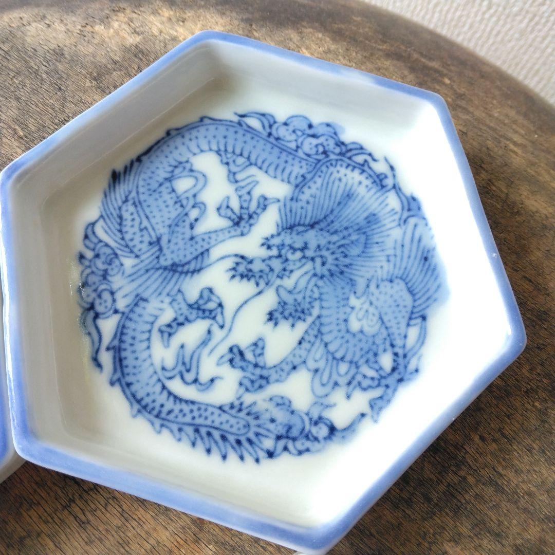 古伊万里 龍の柄 六角皿 小皿 豆皿 8枚 陶器 染付 アンティーク 骨董