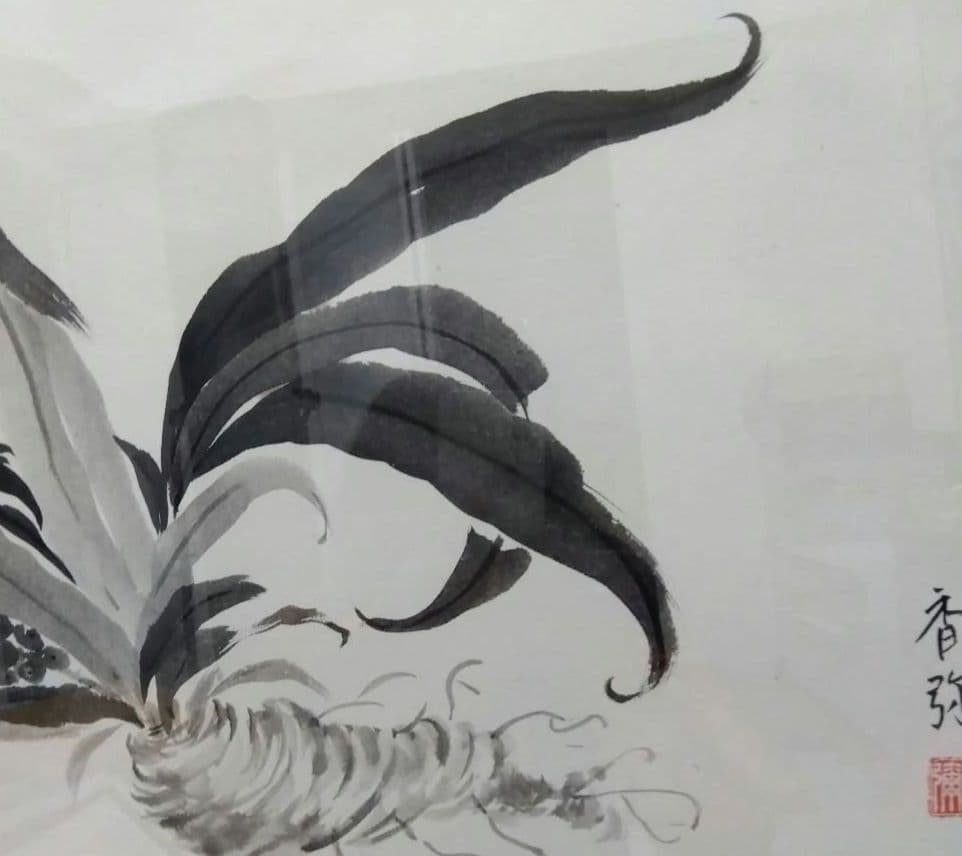 水墨画/手描き/ 万年青/ 木製額縁付き/
