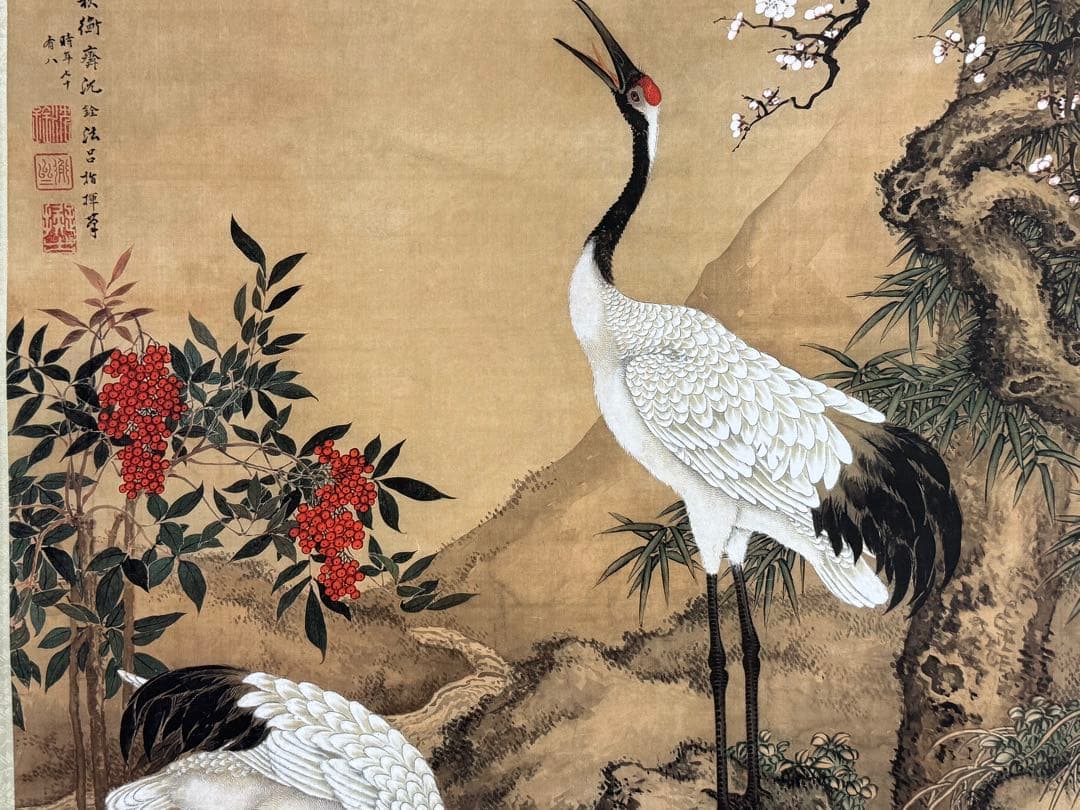 中国　清時代　沈銓 松梅雙鶴図　絹本　原色複製　◇検故宮博物館◇ 一鼎軒0926
