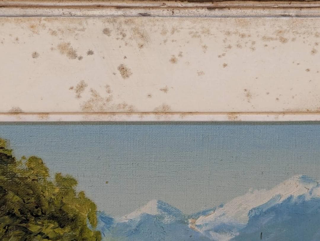 【真作】絵画　会津風景　油彩画　清流と木立の情景　額装　Z143