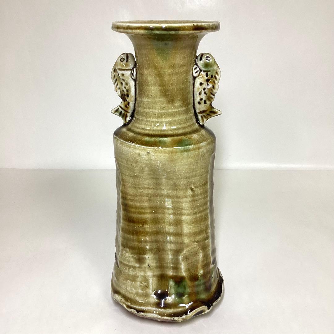 花入 黄瀬戸 魚耳付 山口錠鉄 木箱入 茶道具 古物品