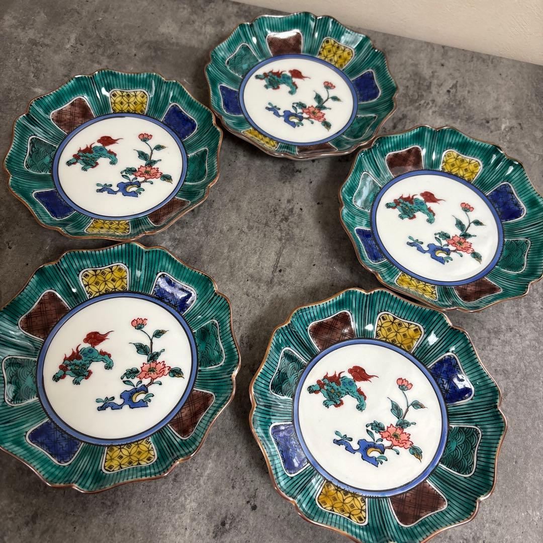 新品　九谷焼 玉峰 色絵 獅子 牡丹 手描き 小皿 プレート 5客 八角皿
