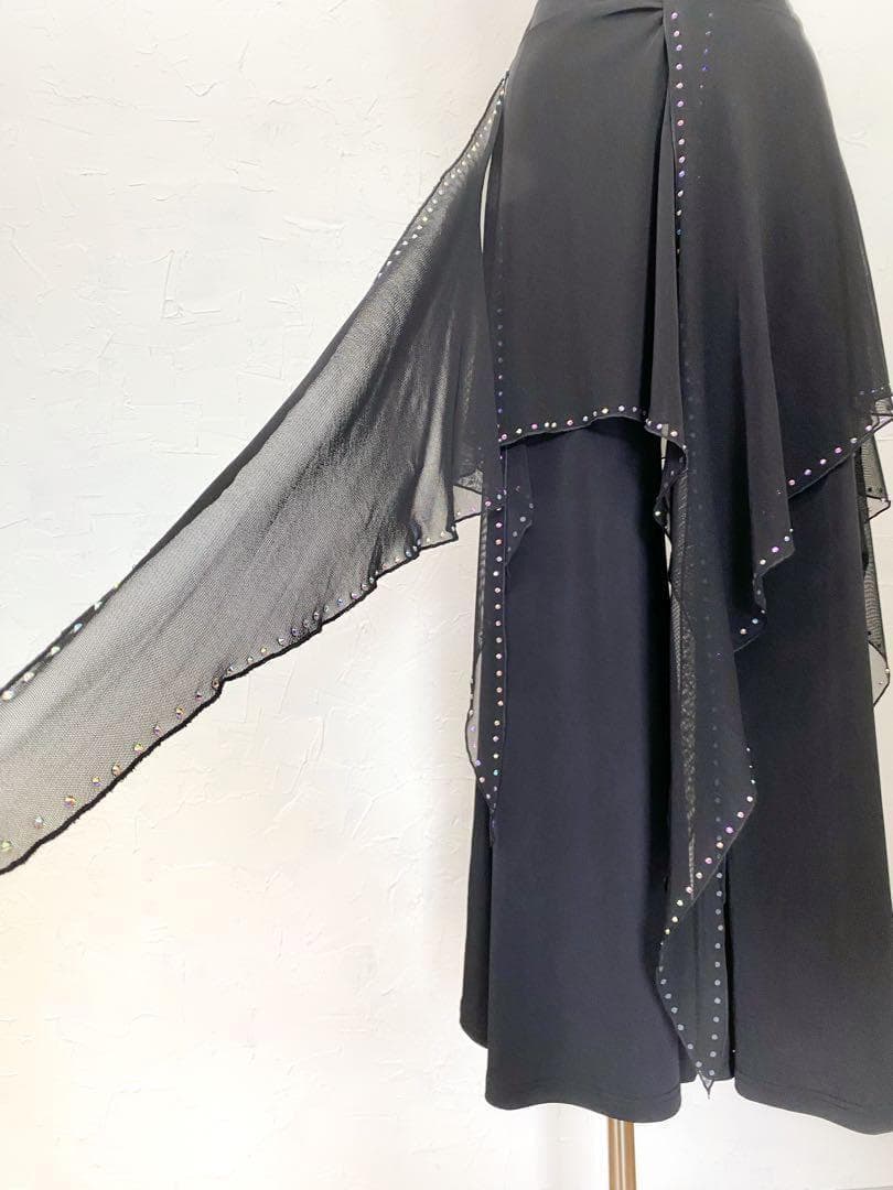 【ラインストーン輝く】新品オーバーメッシュフリル付きワイドパンツ 黒ｍ165