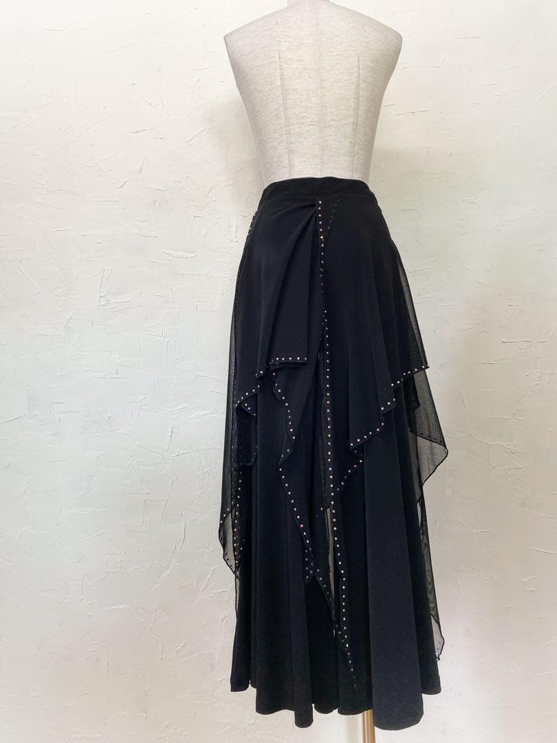 【ラインストーン輝く】新品オーバーメッシュフリル付きワイドパンツ 黒ｍ165