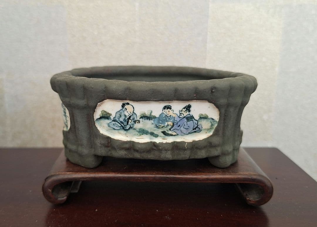 陶翠　黒泥竹紋額入色絵楕円　ミニ盆栽鉢　小品盆栽鉢　植木鉢　樹鉢　盆器　瀬戸焼