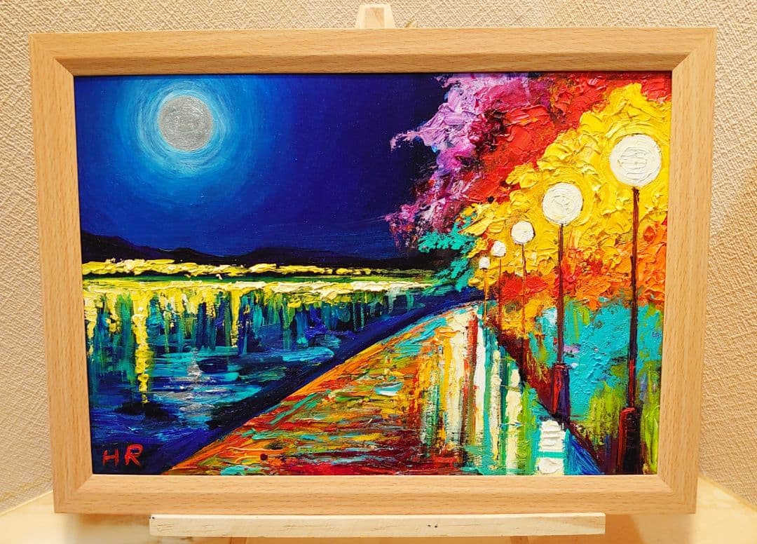 油絵 絵画【湖のライトアップ 】